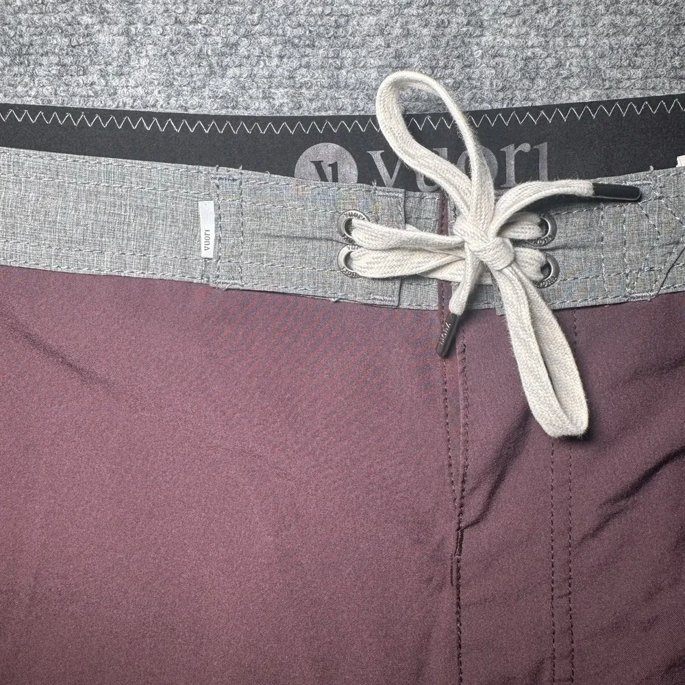 Vuori Peak Board Short Burgundy Red Gray Unlined Drawstring Swim Shorts Men 36x8